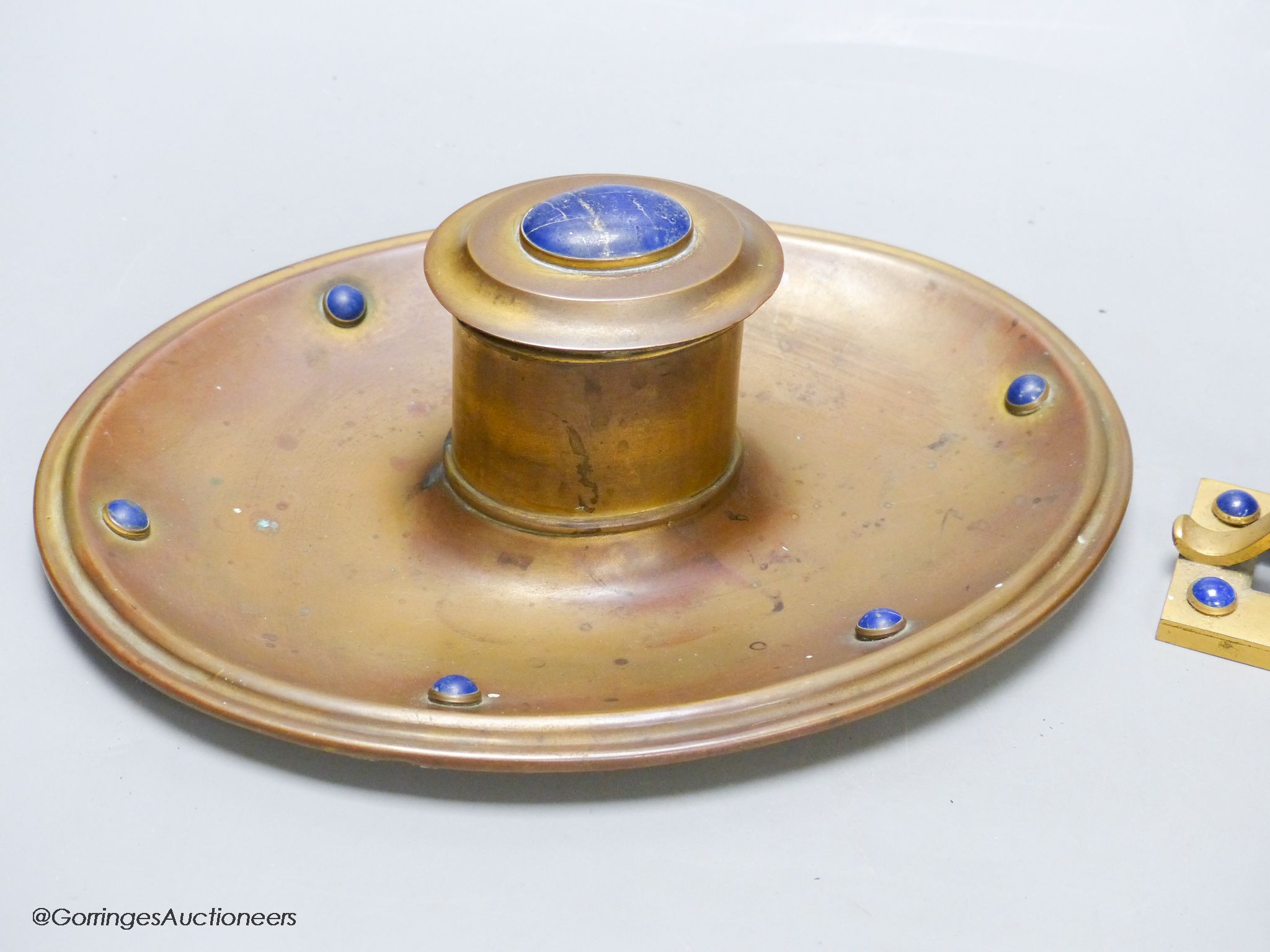 A Leuchars, Piccadilly lapis lazuli mounted inkwell and a calendar frame, width 20.5cm
